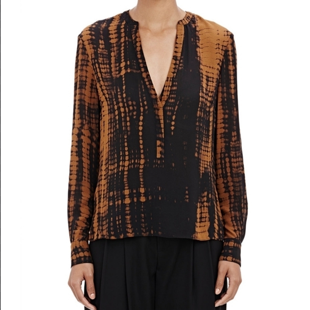 A. L. C. 100% Silk Tie-Dye Black/Brown Long Sleeve V-Neck Women's Blouse Size 6